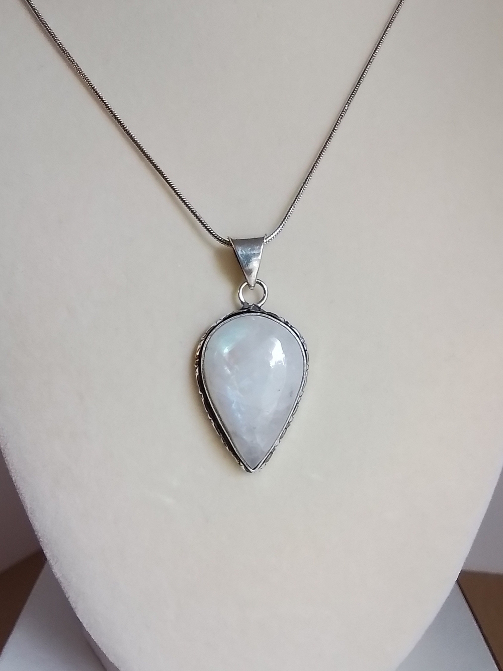 Natural Rainbow Moonstone Teardrop Pendant Necklace